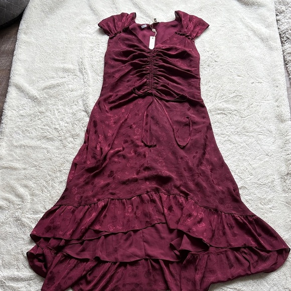 Max Studio Ruffle Midi Dress Wine Red Floral | Ruched Waist Boho Romantic XL NWT - Picture 1 of 6